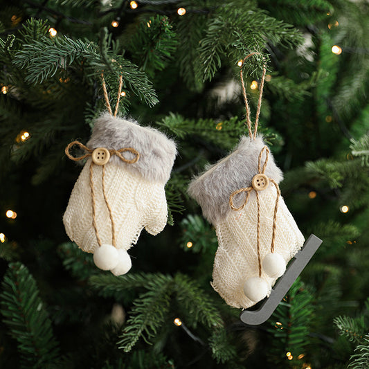 White Plush Christmas Ornaments - Wool Sled & Knitted Gloves Tree Pendant Decorations