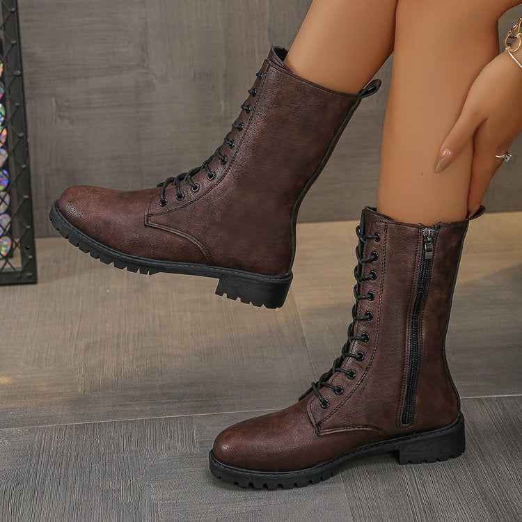 Flat Mid-calf Lace-up Boots For Women