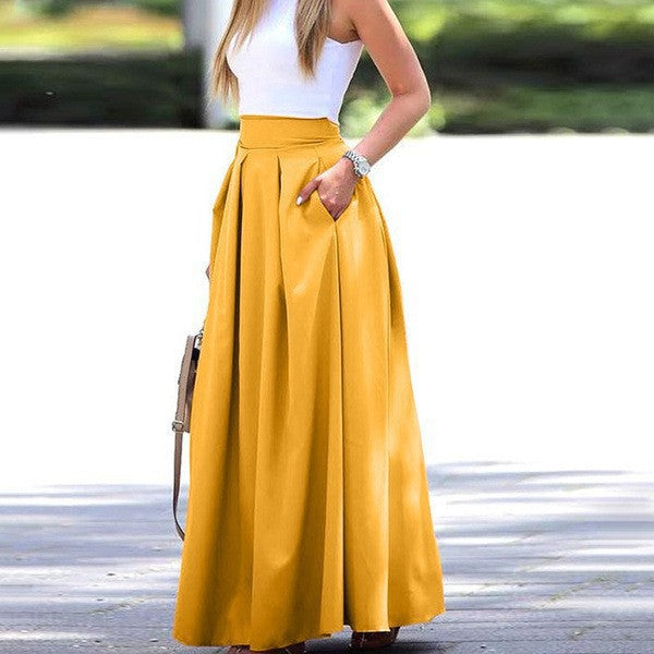 Women's High Waist Pleated Long Skirt - Elegant A-Line Design