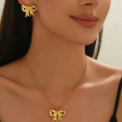 Lxalry 18K Gold Plated Stainless Steel Bow Jewelry Set For Women - Cute Waterproof Necklace & Earrings, Hypoallergenic, Elegant Gift For Birthday, Girlfriend, Christmas, Summer, Daily Wear - DropOnline.co