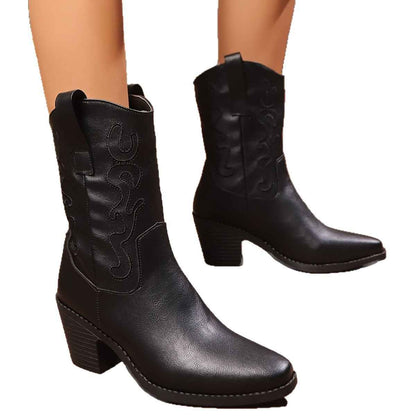 British Style Chunky Heel Mid-calf Pointed Toe Plus Size Ankle Boots