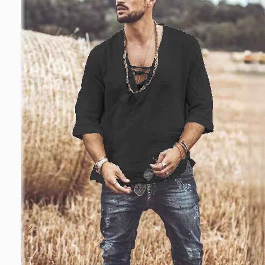 Men's Lace-Up Mid Sleeve T-Shirt - Unique Corn Design Casual Tee