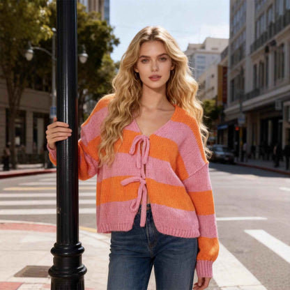 Women's Color Block Striped Knit Cardigan Sweater