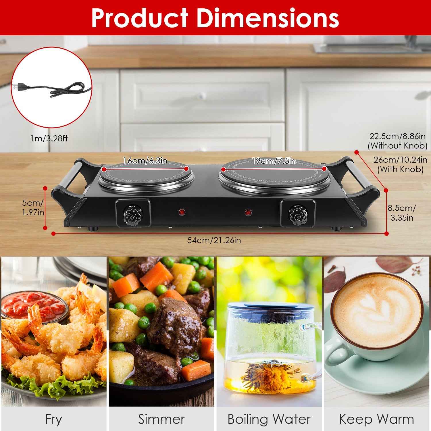1800W Electric Double Burner Portable Heating Hot Plate Stove Countertop RV Hotplate With 5 Temperature Stepless Adjustments Portable Handles