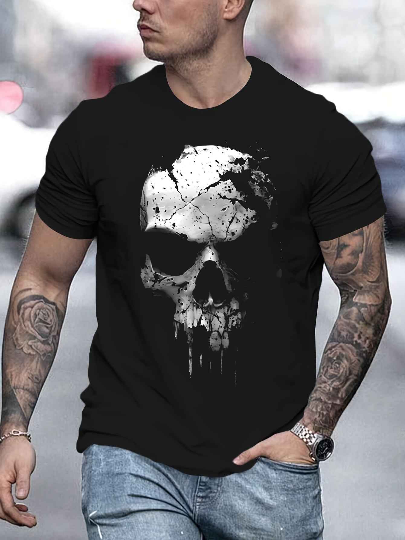 Men's 3D Shattered Skull T-Shirt - Cool Digital Print Round Neck Summer Tee