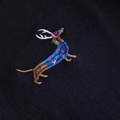 Embroidered Dachshund Dog Loose Fit Oversized Round Neck Pullover Fleece Sweatshirt