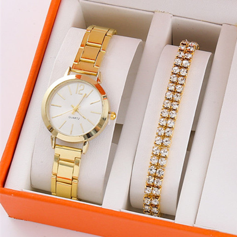 Gold Steel Band Quartz Watch - Elegant Bracelet Timepiece