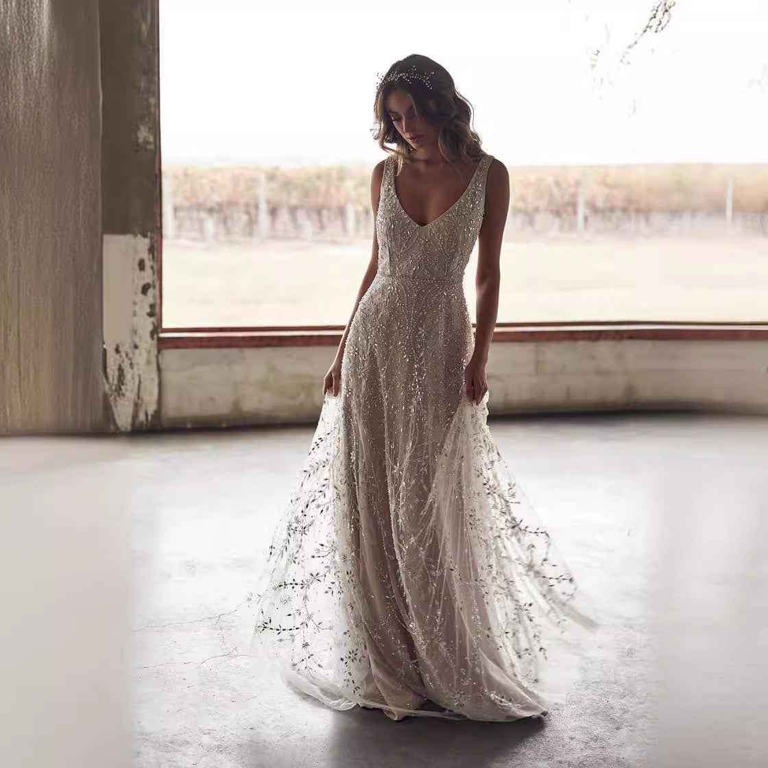 New Dress Bronzing V-neck Long