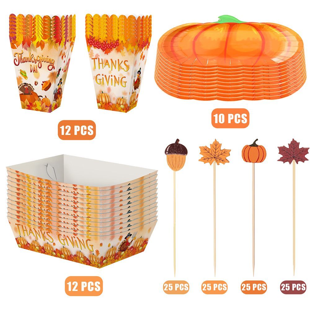 134 Pcs Thanksgiving Party Tableware Set - Pumpkin Plates, Popcorn Boxes & Fall Cocktail Picks