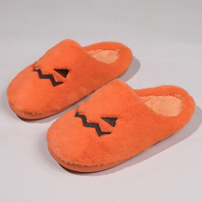 Cute Halloween Pumpkin Slippers Winter Warm Plush Bedroom Floor Home Slippers Casual Slip On Comfortable Cozy Indoor House Shoes - DropOnline.co