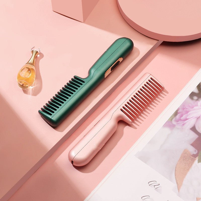 2-in-1 Wireless Hair Straightener & Curling Comb | USB Rechargeable Negative Ion Smoothing Brush