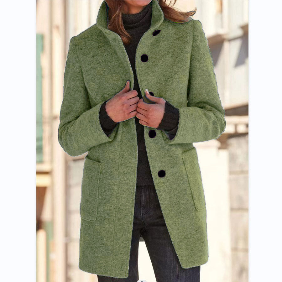 Pure Color Button Stand Collar Woolen Outwear