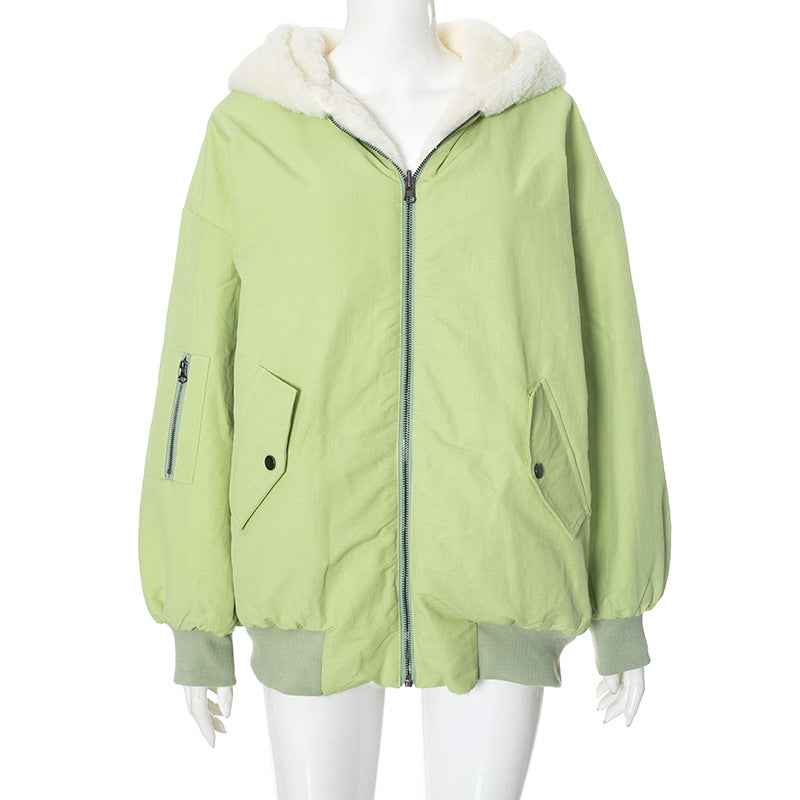 Double-sided Zipper Hooded Pocket Loose Thick Plush Coat