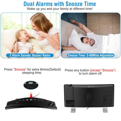 1Pc Projection Alarm Clock With Radio Function Curved Screen LED Digital Alarm Clock With Dual Alarms 4 Dimmer 12-24 Hour USB Charging Port 180Degree Rotatable Projection - DropOnline.co