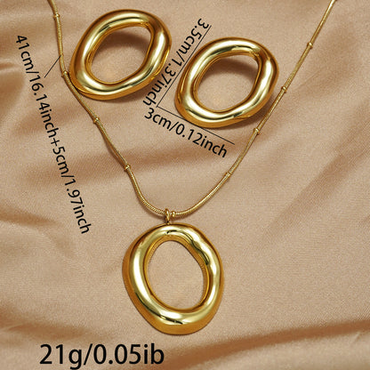 Lxalry 18K Gold Plated Stainless Steel Oval Pendant Jewelry Set For Women - Minimalist Elegant Necklace & Earrings, Hypoallergenic, Waterproof, Tarnish-Free, Ideal Gift For Birthday, Wedding, Daily We - DropOnline.co