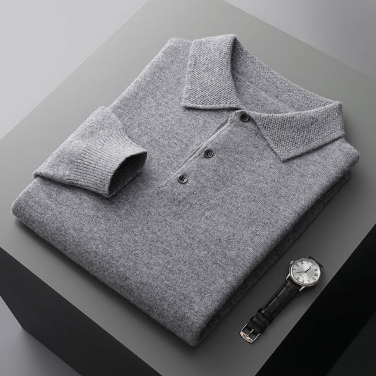 Premium Men's Pure Wool Polo Collar Knit Sweater - Luxury Comfort & Style