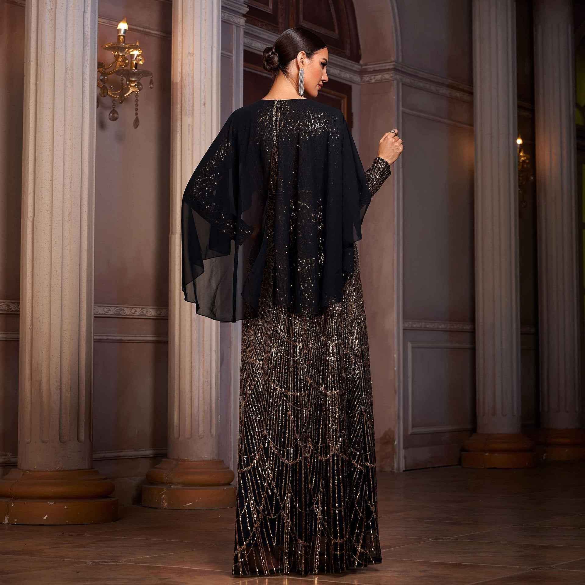 Elegant Long Sleeve Round Neck Shawl Banquet Sequined A- Line Evening Dress