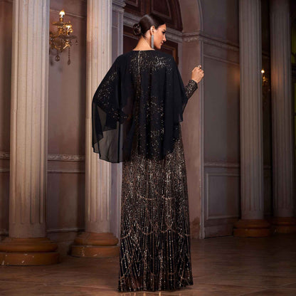 Elegant Long Sleeve Round Neck Shawl Banquet Sequined A- Line Evening Dress