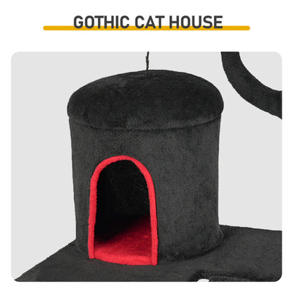 Gothic Cat Tree, Halloween Cat Tower Cat Tree With Spacious Cat Condo, Brach Shaped Scratching Post, Scratching Ladder, Spider Toy For Indoor Cats, Red & Black - DropOnline.co
