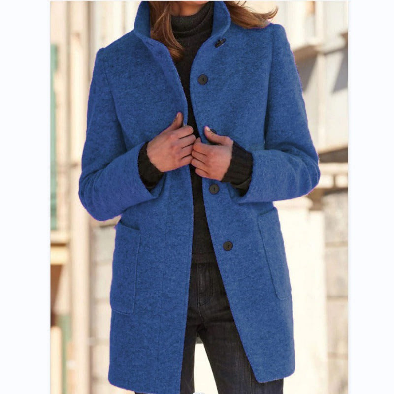 Pure Color Button Stand Collar Woolen Outwear