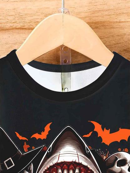 Men's 3D Shark & Halloween Pumpkin T-Shirt - Casual Polyester Graphic Tee