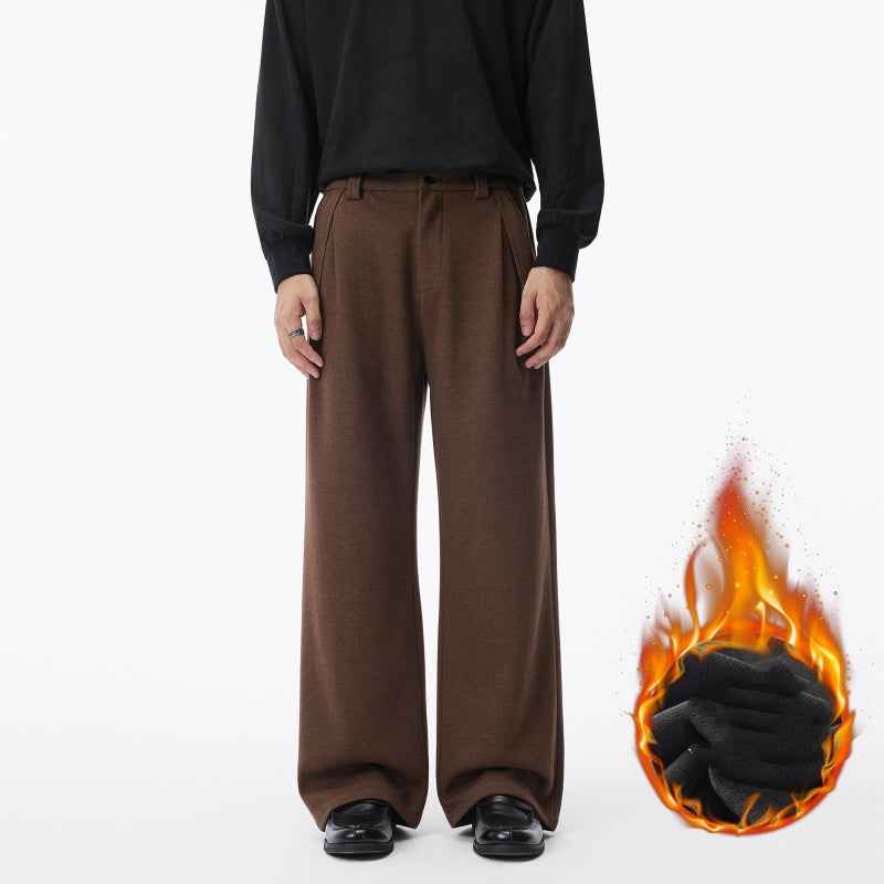 Men's Straight Fleece-lined Casual Wool Trousers
