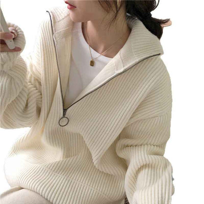Loose French Style Large Lapel Zipper Sweater For Women