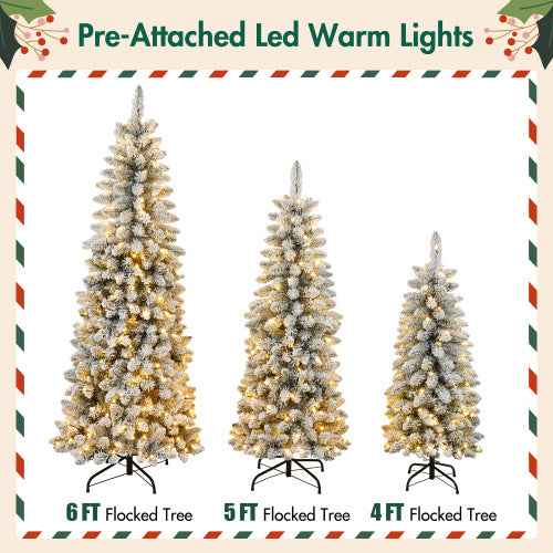 3 Pcs Flocked Artificial Christmas Tree Set with Lights - 4ft 5ft 6ft Snow Trees