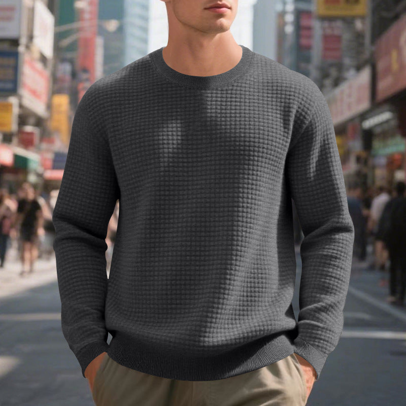 Men's Loose Simple Sports Jacquard Round Neck Sweater - Long Sleeve Athletic Top