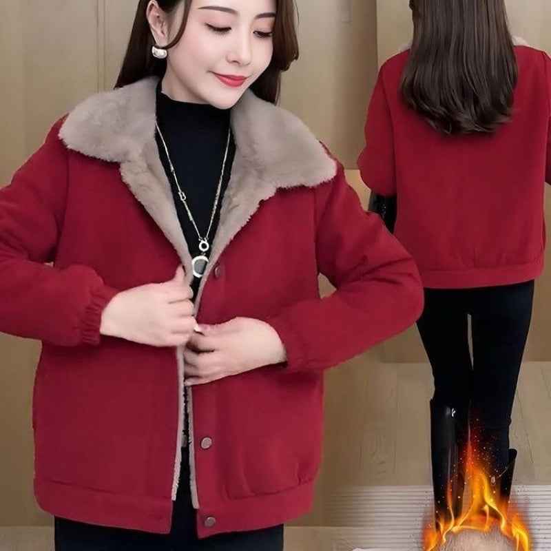 Corduroy Loose Fleece-lined Warm Jacket For Women