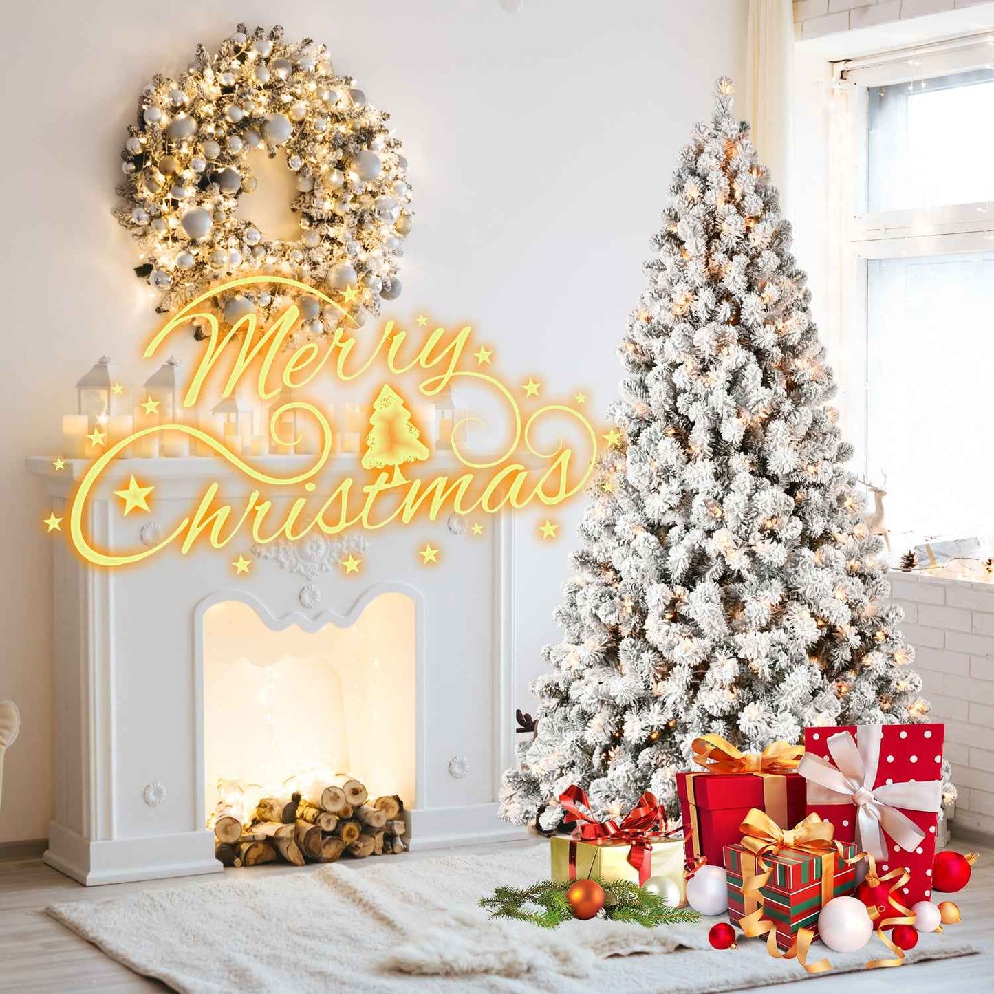 Pre-Lit Flocked Christmas Tree - 5ft-9ft Hinged Artificial Xmas Trees with Lights - DropOnline.co