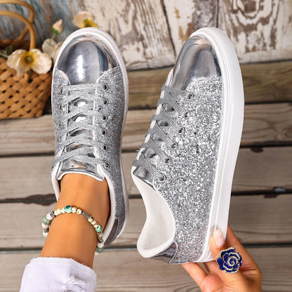 Plus Size Sequined Front Lace-up Solid Color Plus Size Board Shoes - DropOnline.co