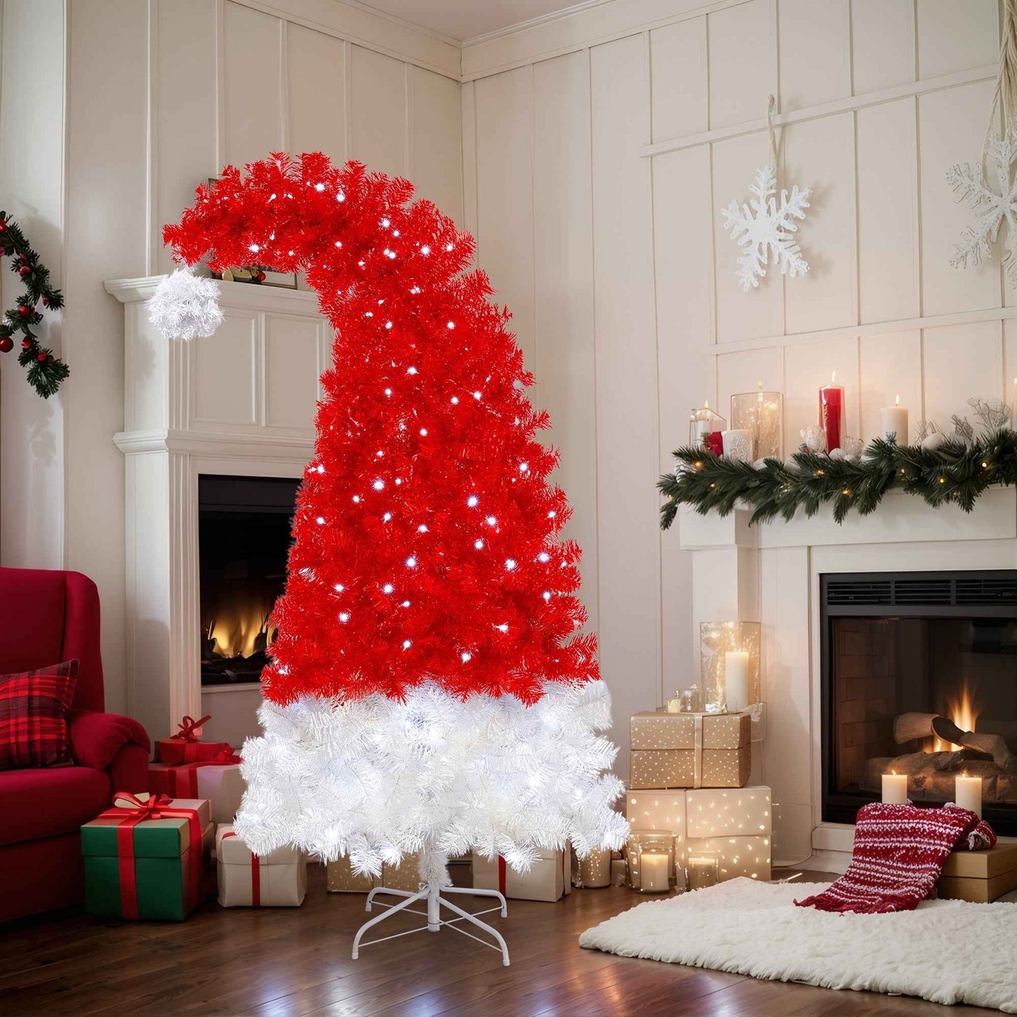6FT Artificial Christmas Tree with LED Lights - Santa Hat Shape Whimsical Curved Tree (1050 Tips) - DropOnline.co