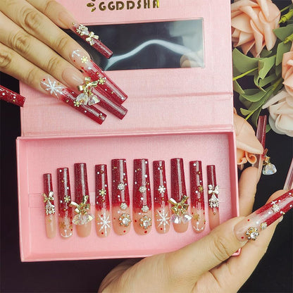 GGddsha Long Handmade PMMA Acrylic Nails Red WithSnowflake Rhinestone Bell Design Reusable Full CoverageFalse Nail Ladies False Nail Set,Lumiere Neige - DropOnline.co
