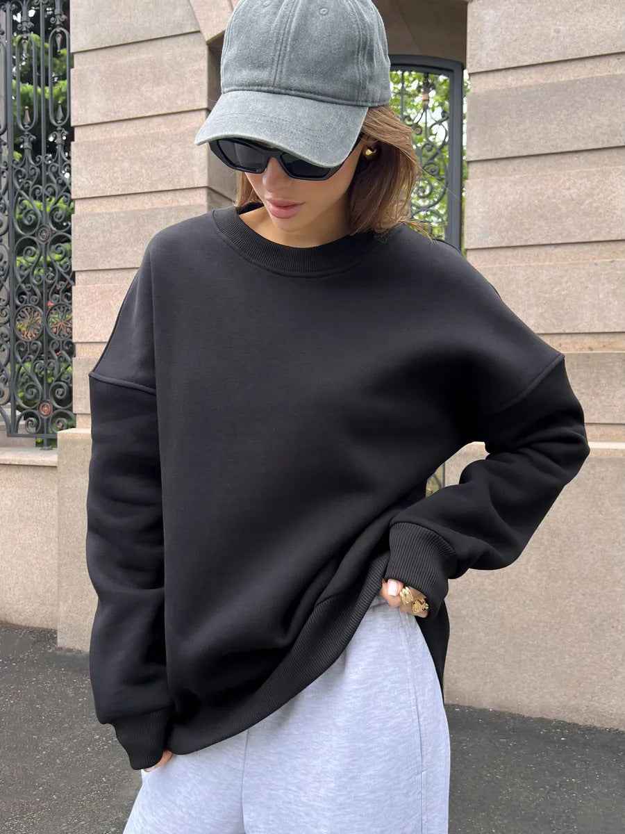 Fashionable Casual Retro Solid-color Thickened Crewneck Sweatshirt