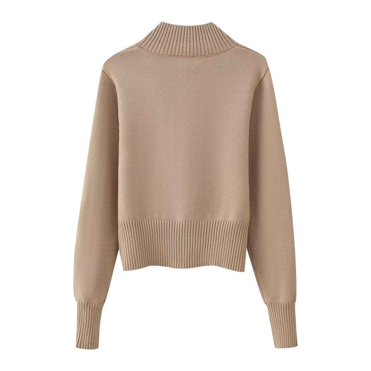 Knitted Zipper Versatile Solid Color Semi-high Neck Long Sleeve Cardigan Sweater