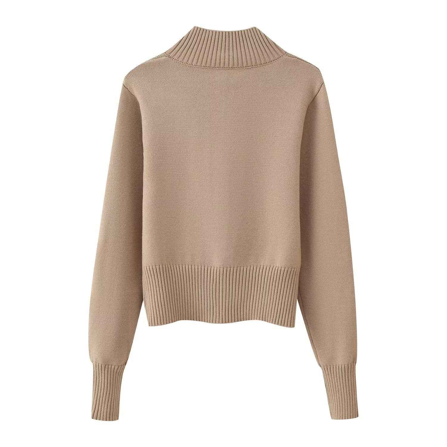 Knitted Zipper Versatile Solid Color Semi-high Neck Long Sleeve Cardigan Sweater