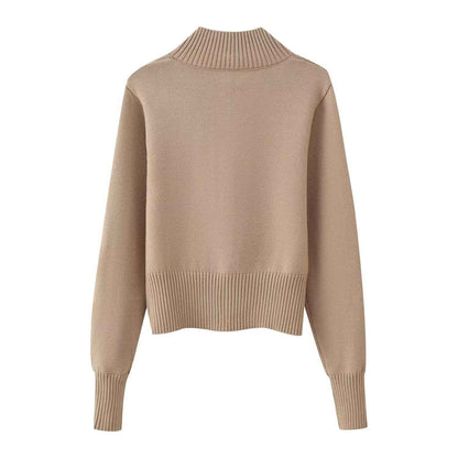 Knitted Zipper Versatile Solid Color Semi-high Neck Long Sleeve Cardigan Sweater