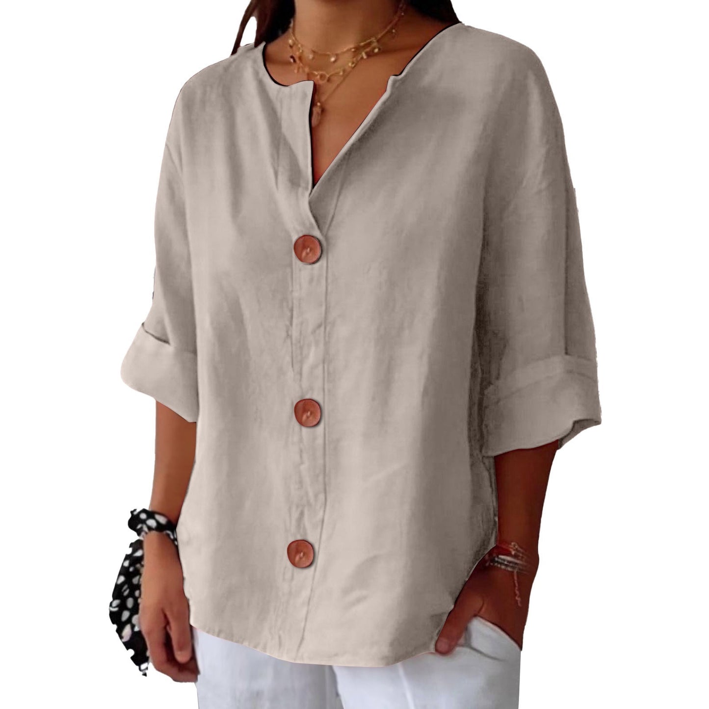 Loose V-Neck Cotton and Linen Button Top - Women's Casual Comfort Style