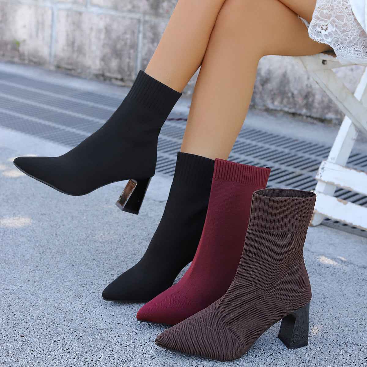 Plus-size Slimming Fly-knit High-heel Fashion Boots