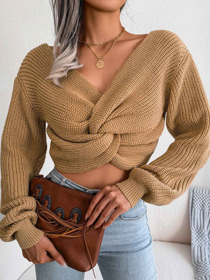 Women Long Sleeve Tie-Front Cropped Knit Sweater