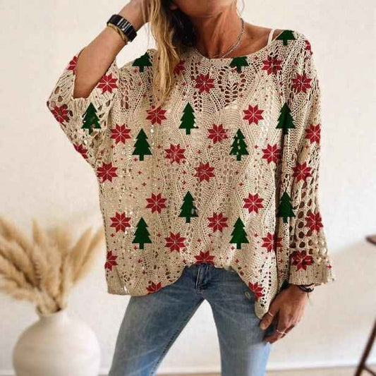 Bat Loose Off-shoulder Boat Neck Diamond Hollow-out Contrast Color Christmas Print Knitted Sweater
