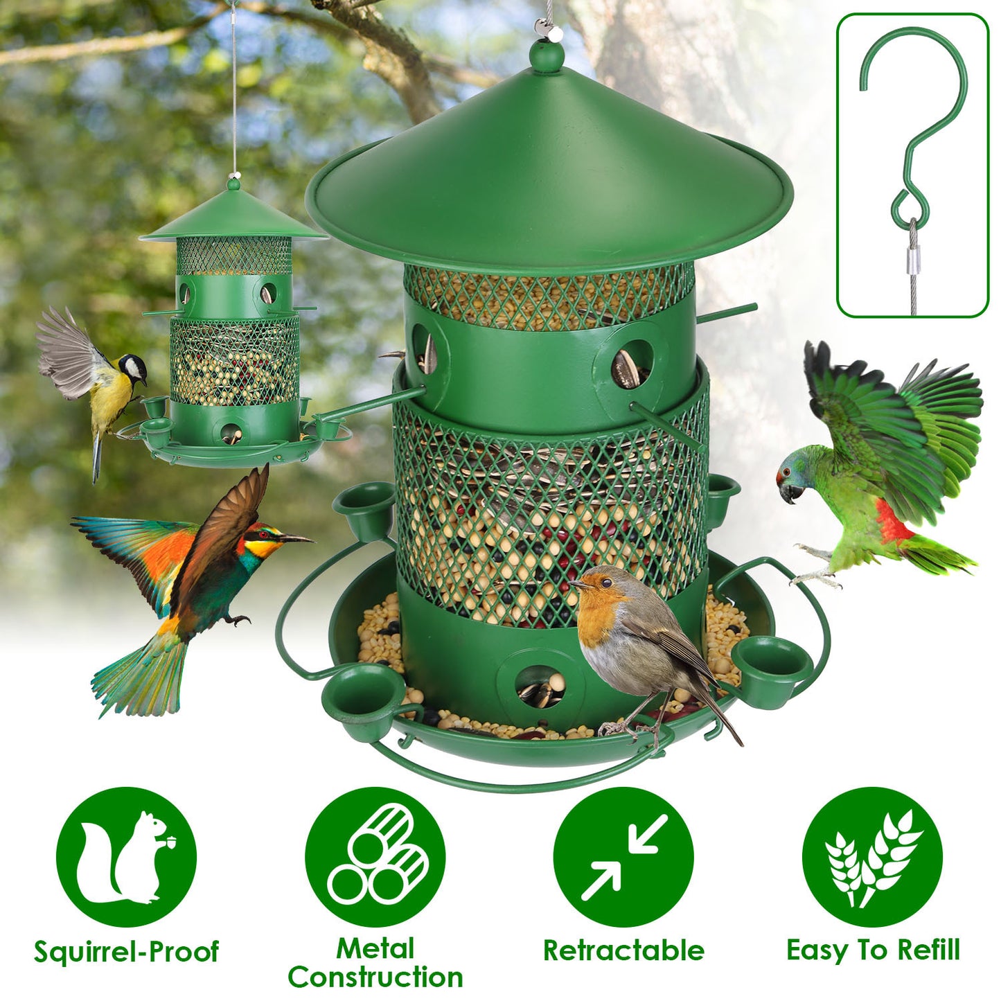1Pc Wild Bird Feeder Squirrel-Proof Chew-Proof Metal Bird Seed Feeder Outdoor Hanging Bird Feeder With 360 Degree Circular Perches Water Cups For Yard Garden Patio