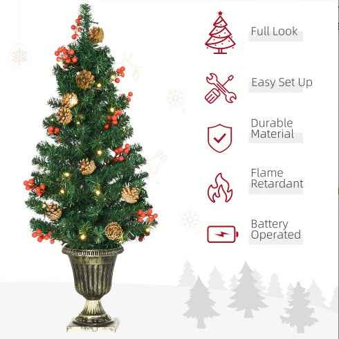 HOMCOM Prelit Holiday Christmas 4-Piece Set - Garland Wreath & 2 Entrance Trees - DropOnline.co