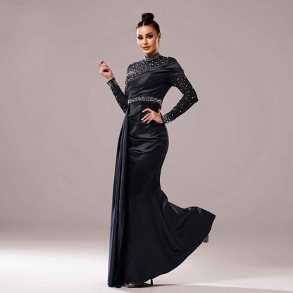 Long Sleeve Slim-fit Sheath Pearl Banquet Fishtail Evening Dress