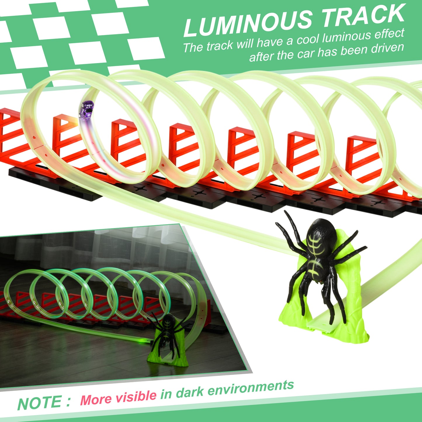 Track Builder Loop Kit Criss-Cross Glowing Race Track Toy Set Spooky Spider Fun Starter Kit