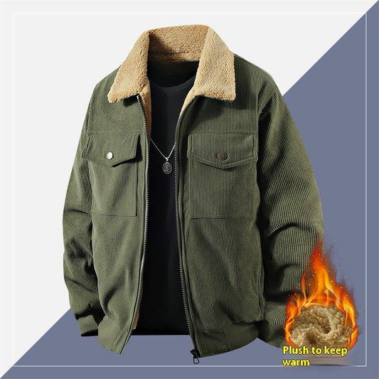 Premium Men's Fleece Corduroy Cotton Coat - Casual Polo Collar Winter Jacket