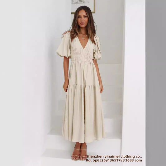 Deep V Puffed Sleeve Vacation Dress - Romantic Resort Style for Women