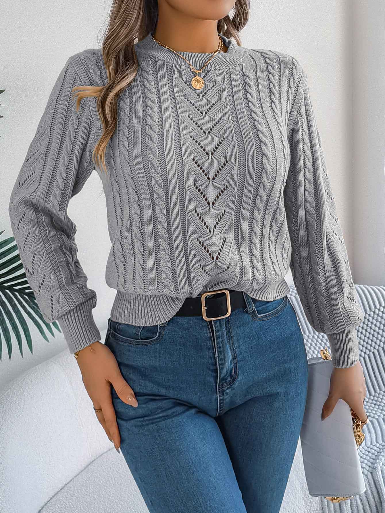 Women Casual Solid Color Hollow Out Lantern Sleeve Pullover Sweater