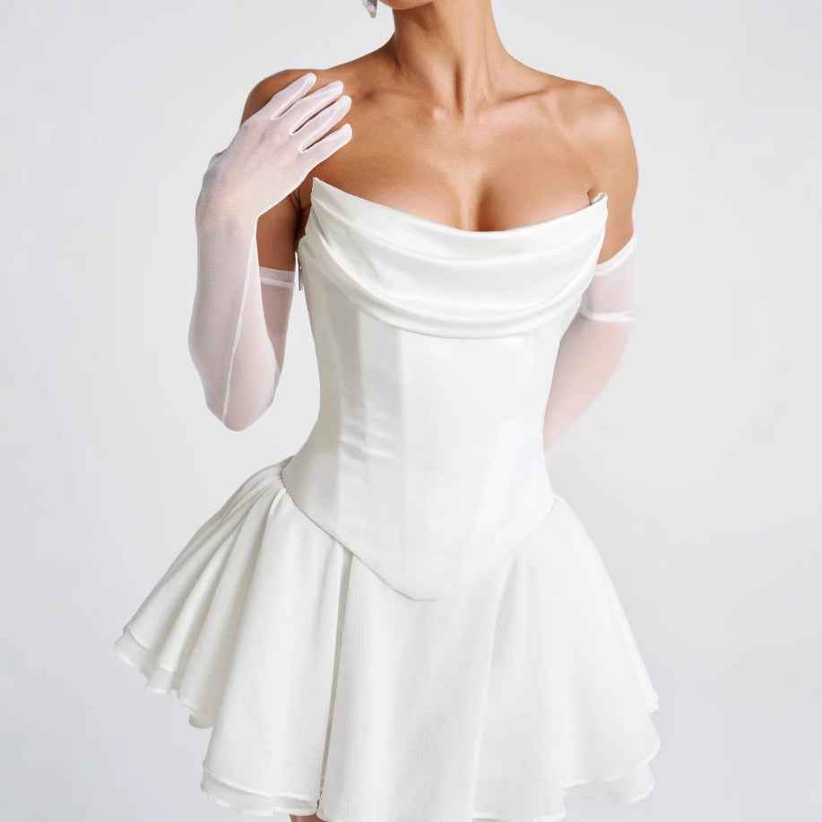 French Solid Color Tube Top Dress With Sleeves